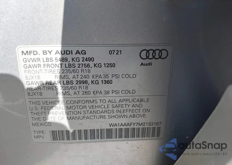 2021 Audi Q5 Premium 45 Tfsi Quattro S Tronic z USA, uszkodzony, nr VIN WA1AAAFY7M2133167